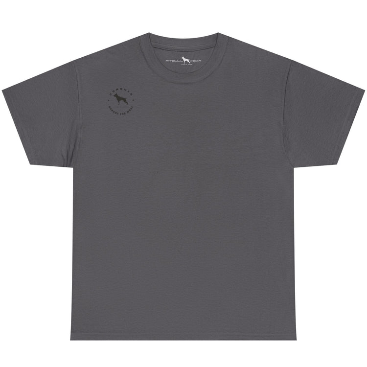 Gray t-shirt with a small logo on the left chest against a white background