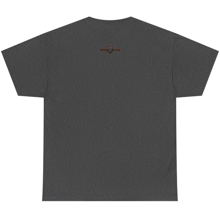 Dark gray t-shirt with a small logo on the back against a white background