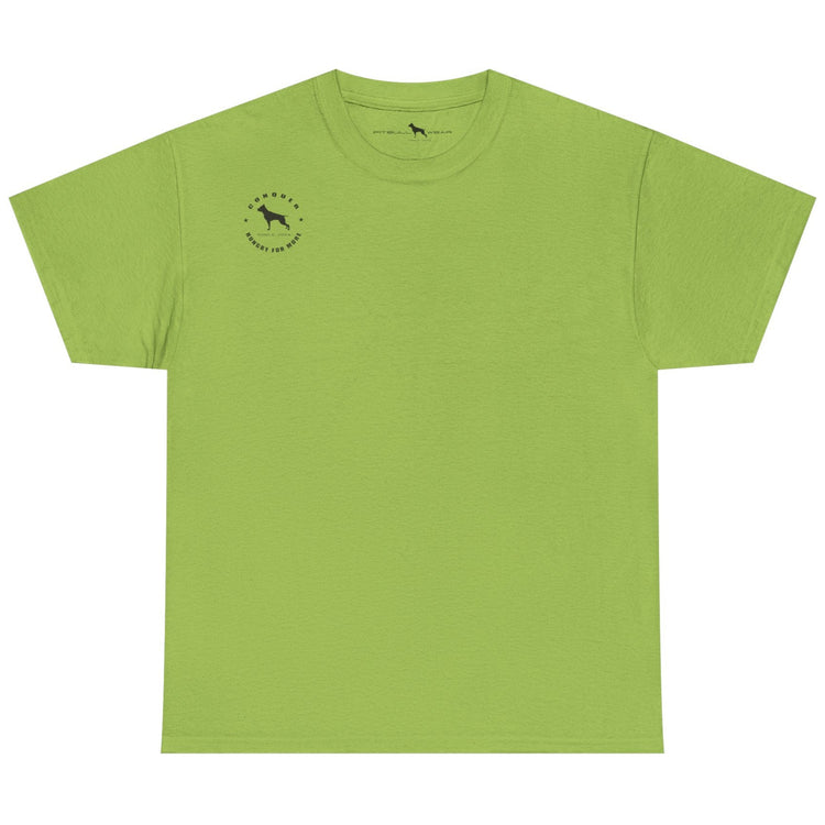 Green t-shirt with a small logo on a white background