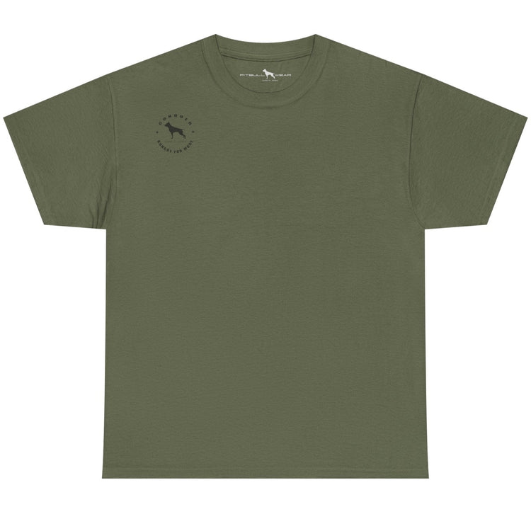 Green t-shirt with a small logo on the chest against a white background