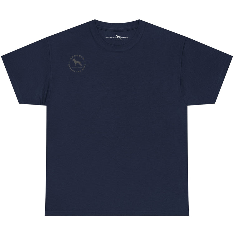 Navy blue t-shirt with a small logo on a white background