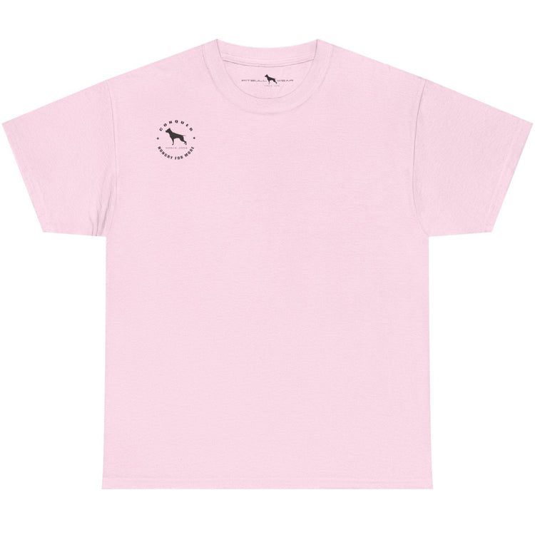 Pink t-shirt with a small logo on a white background
