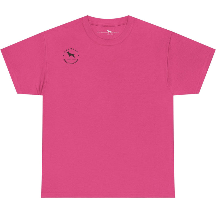 Pink t-shirt with a small logo on the chest against a white background