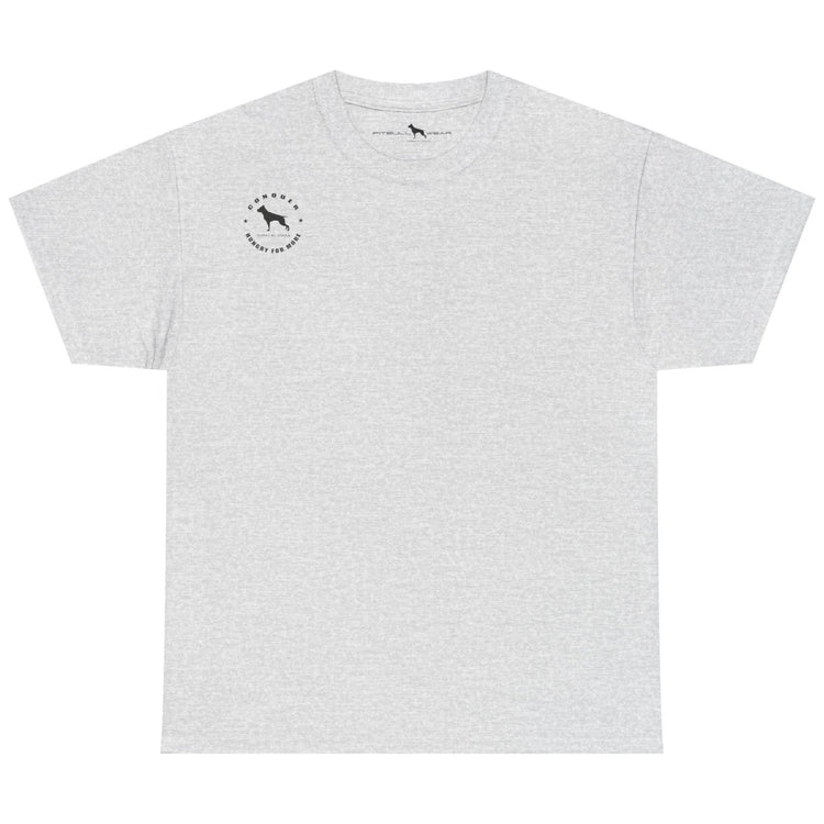 Gray t-shirt with a small logo on the chest against a white background
