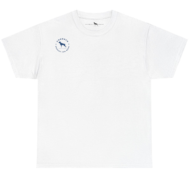 White t-shirt with a small blue logo on a white background