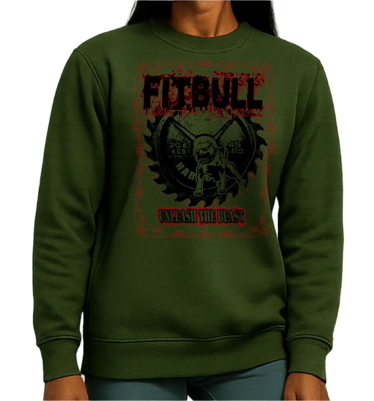 Green Fitbull sports sweatshirt with motivation graphic Unleash The Beast design.