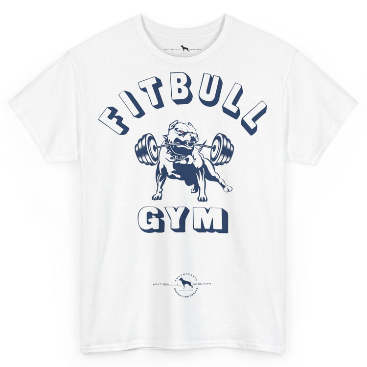 White t-shirt with 'Fitbull Gym' graphic featuring a bulldog lifting weights on a white background