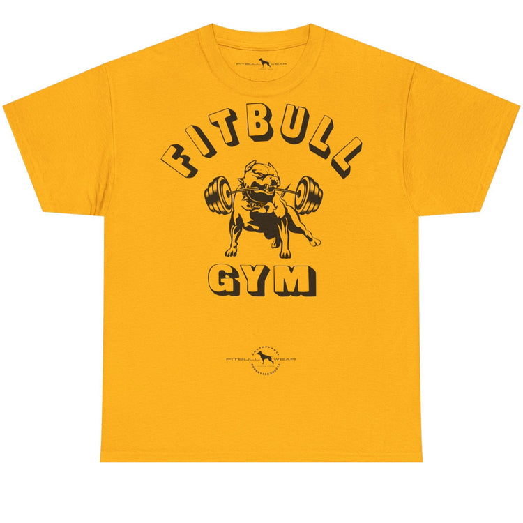 Yellow t-shirt with 'Fitbull Gym' graphic on a white background