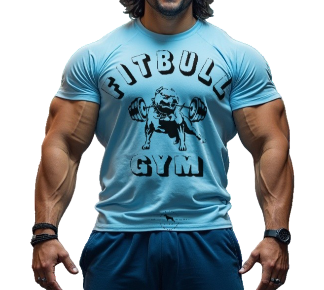 A man wearing a blуе Fitbull T-shirt with a motivating design of a pit bull biting a barbell and the inscription "Fitbull Gym" with the brand logo.