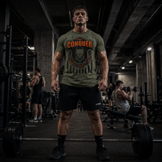 Man in a gym wearing a military green Fitbull 'Conquer' t-shirt with a barbell in the foreground.