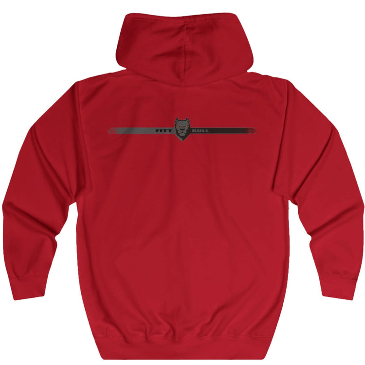 Red Fitbull fitness hoodie with a logo on the back against a white background