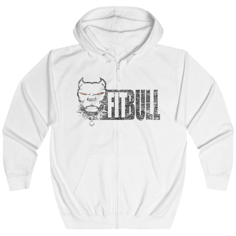 White Fitbull fitness hoodie with a graphic design on a white background