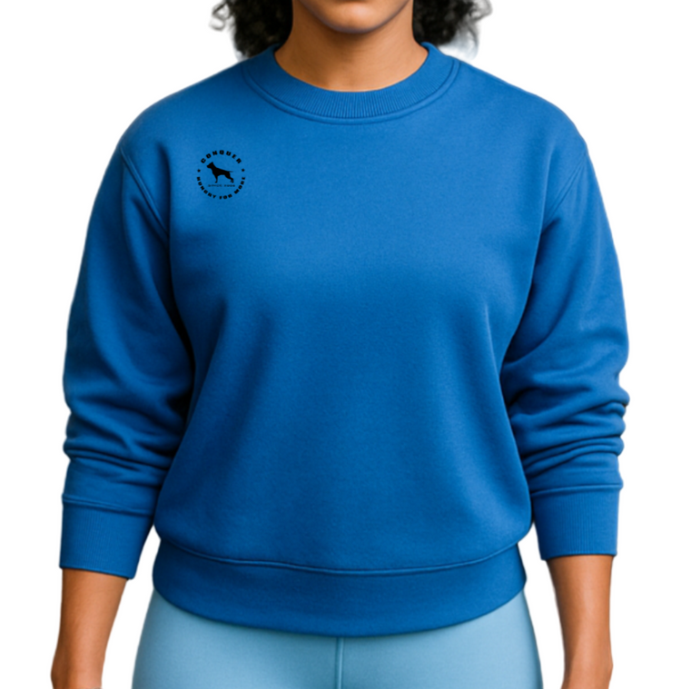 Woman in blue, sporty Fitbull Sweatshirt athletic wear holding a water bottle in a gym setting