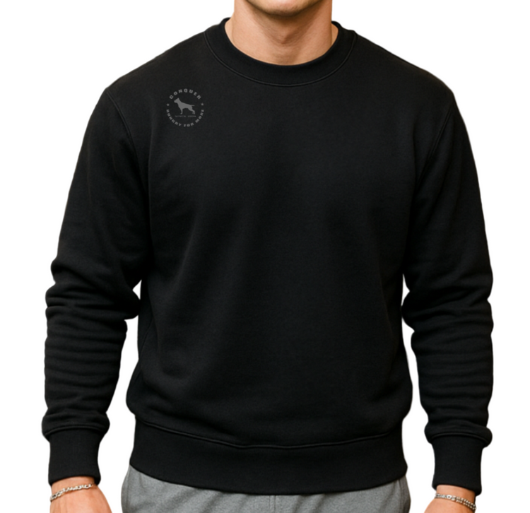 Man in a gym wearing a sporty black Fitbull sweatshirt, grey shorts, and sunglasses, holding a water bottle and towel.