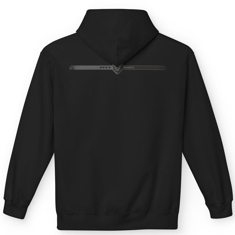 Black Fitbull fitness hoodie with a logo on the back against a white background