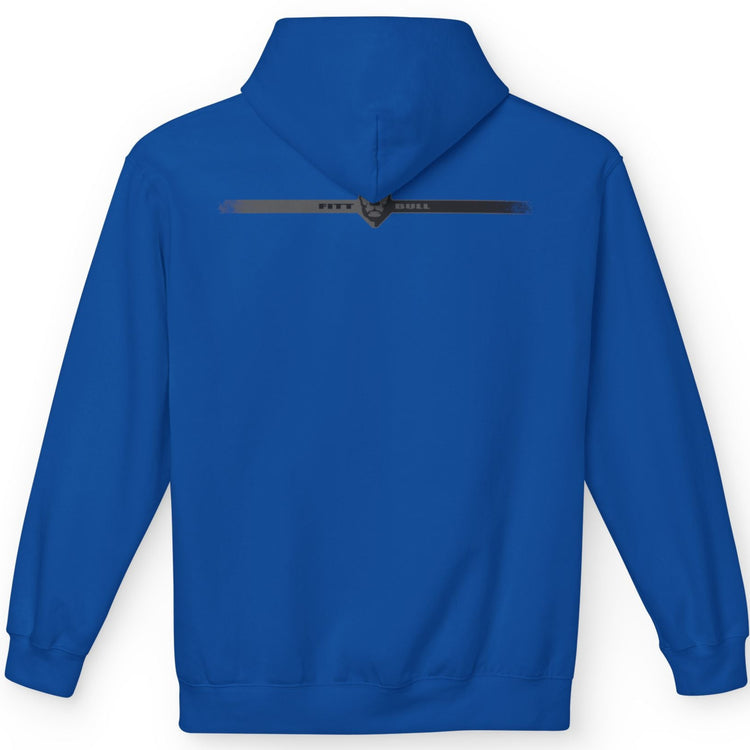 Blue Fitbull fitness hoodie with a logo on the back against a white background
