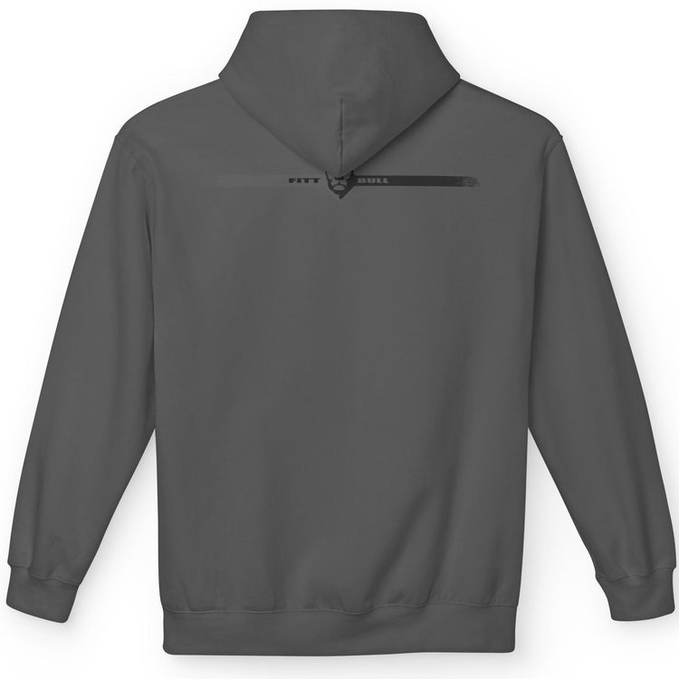 Gray Fitbull fitness hoodie with a logo on the back against a white background