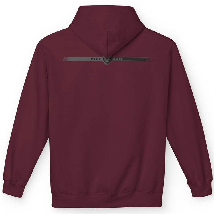 Maroon Fitbull fitness hoodie with a logo on the back against a white background