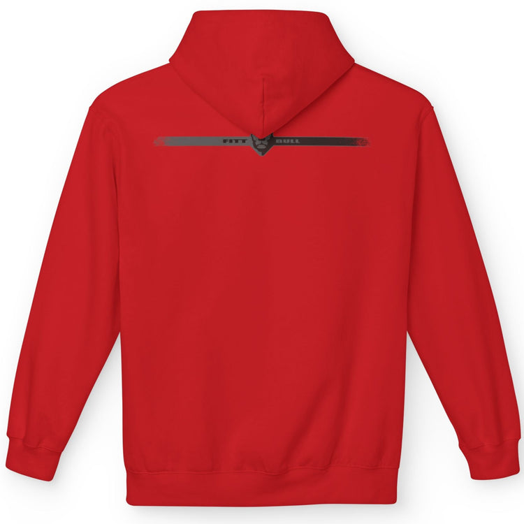 Orange Fitbull fitness hoodie with a logo on the back against a white background