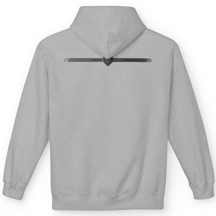 Gray Fitbull fitness hoodie with a zipper on the back against a white background
