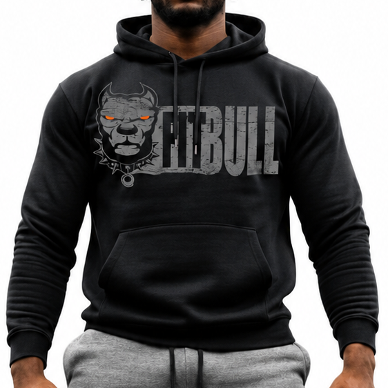 Person wearing a black 'Fitbull' hoodie with headphones and sunglasses on a white background