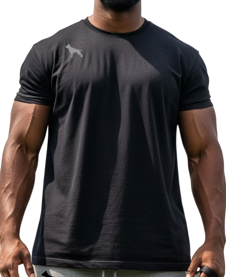 Man, wearing a black Fitbull fitness t-shirt and gray, sport pants.
