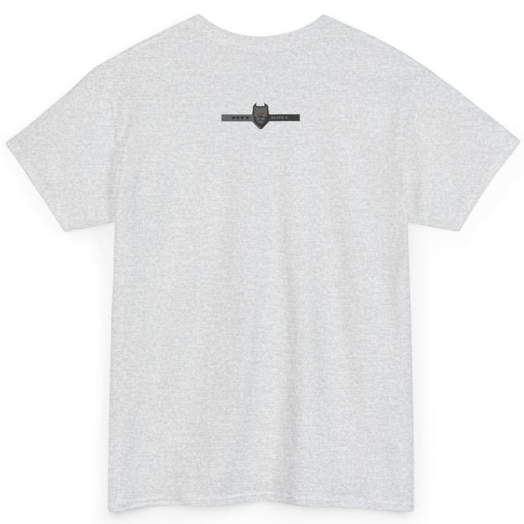 Fitbull fitness t-shirt with a graphic of a dog and urban cityscape ash back.