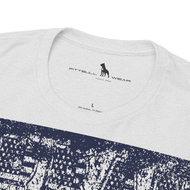Fitbull fitness t-shirt with a graphic of a dog and urban cityscape  ash logo.
