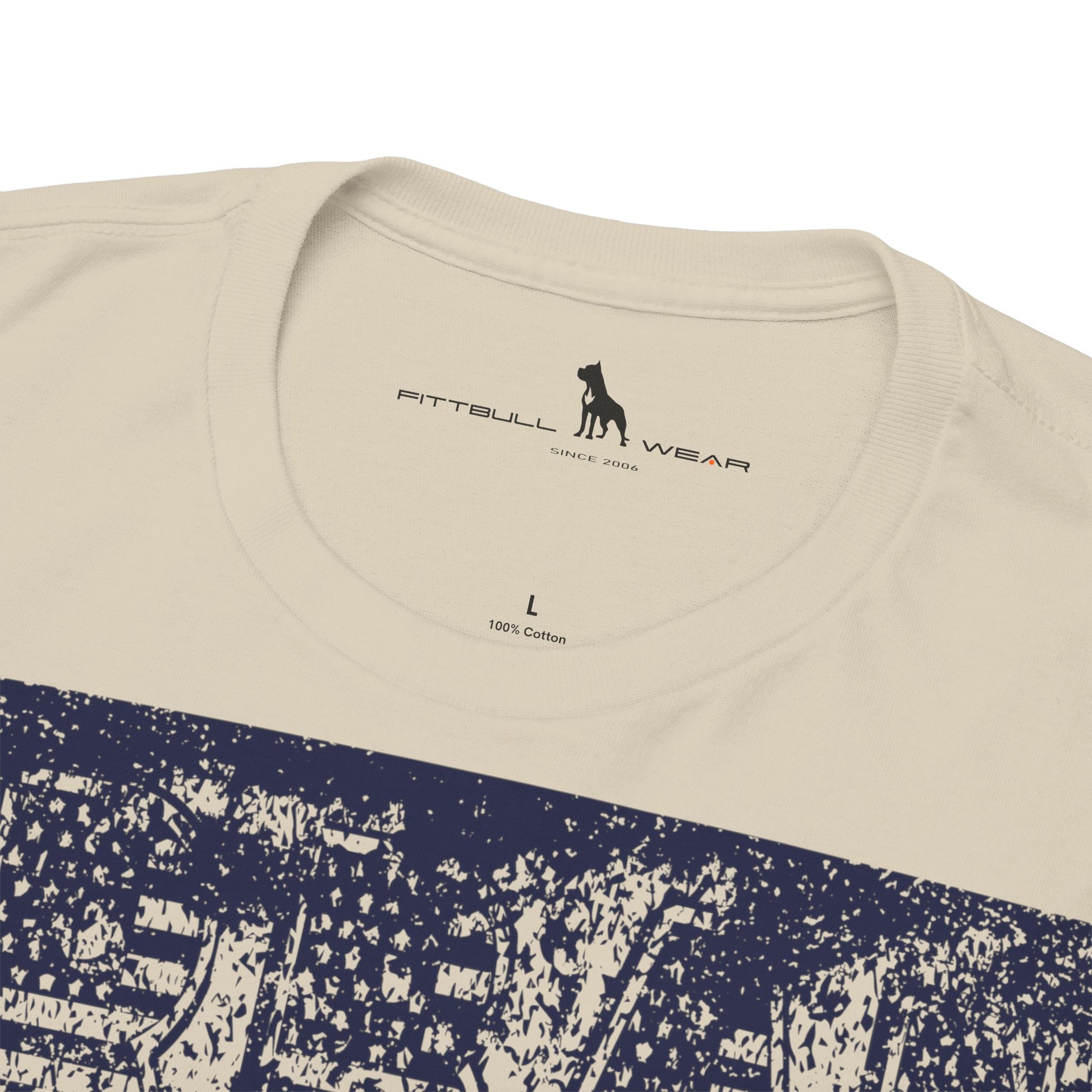 Fitbull fitness t-shirt with a graphic of a dog and urban cityscape beige logo.