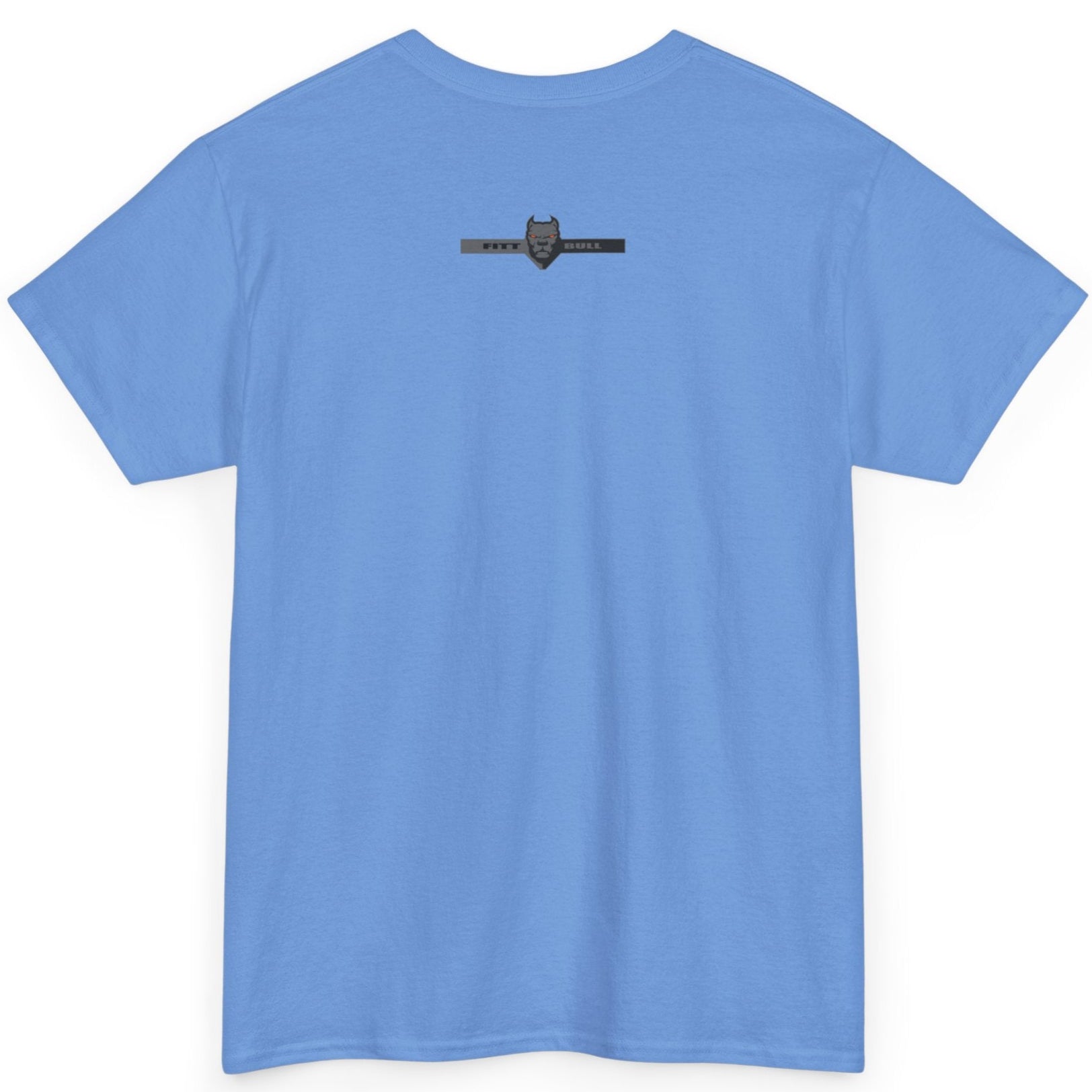 Fitbull fitness t-shirt with a graphic of a dog and urban cityscape blue back.