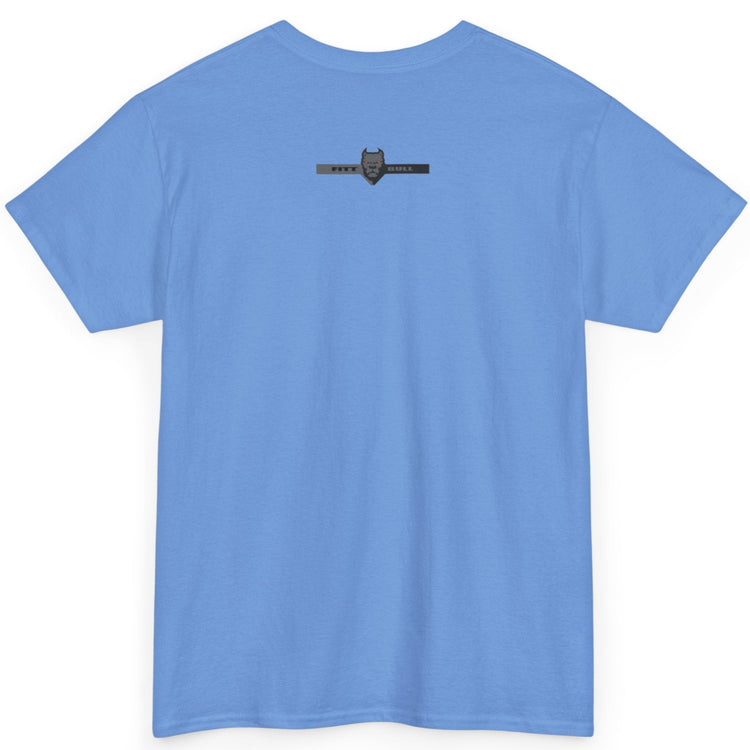 Fitbull fitness t-shirt with a graphic of a dog and urban cityscape blue back.