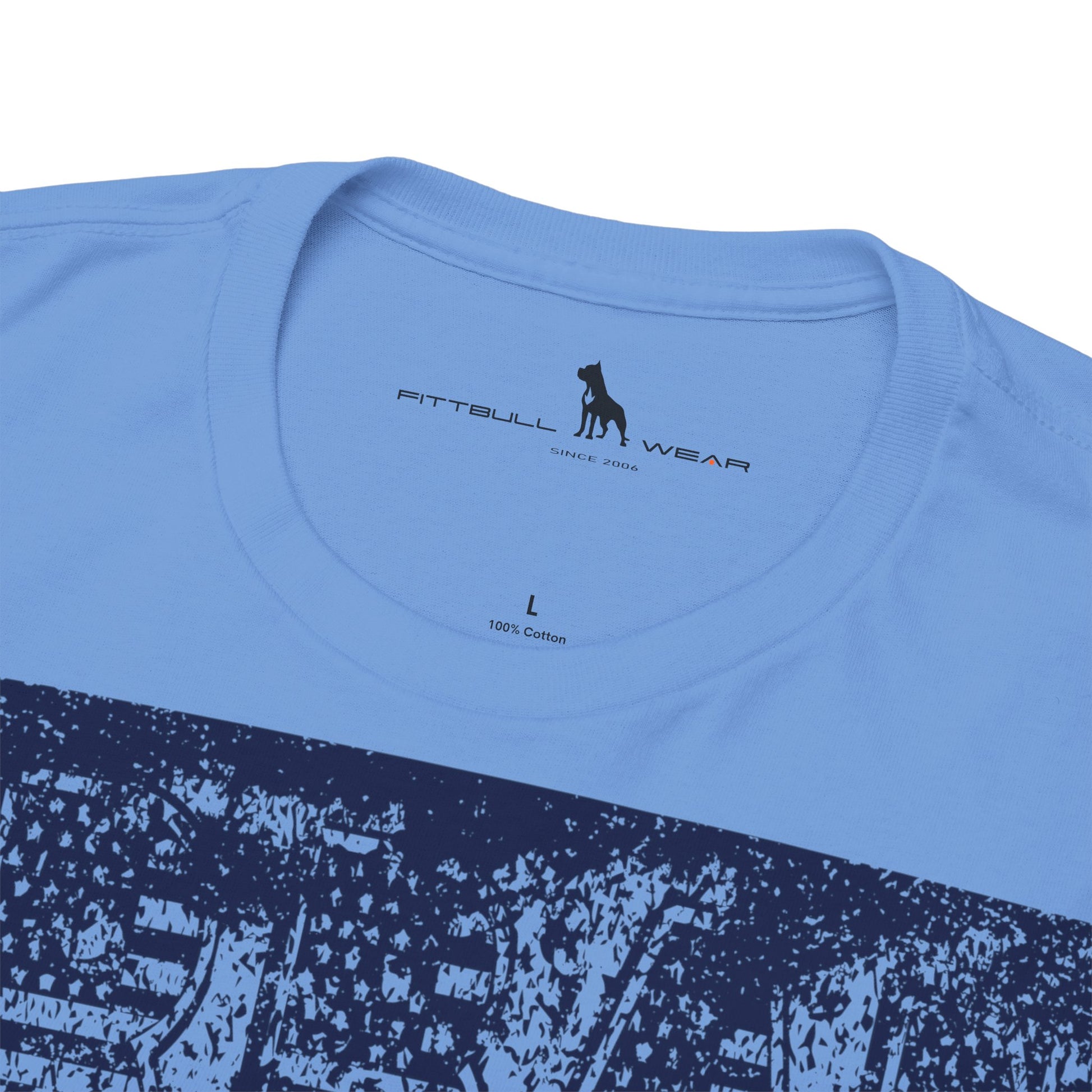 Fitbull fitness t-shirt with a graphic of a dog and urban cityscape blue logo.
