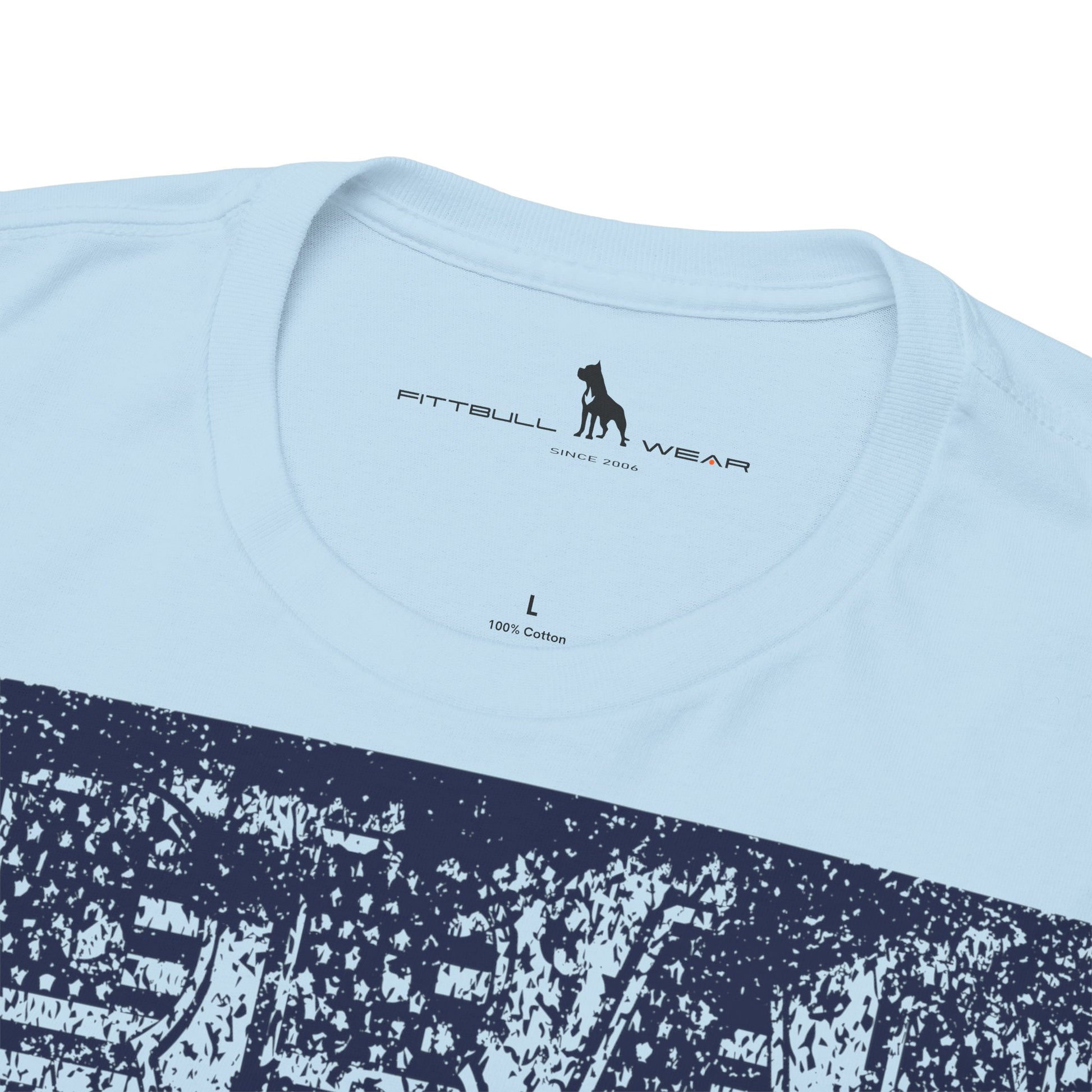 Fitbull fitness t-shirt with a graphic of a dog and urban cityscape  sky blue logo.