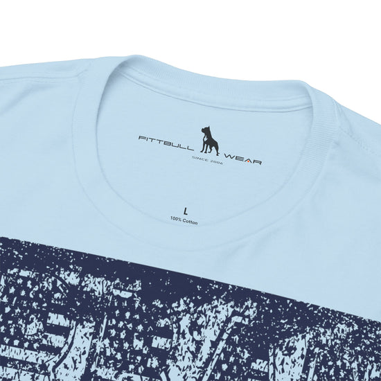 Fitbull fitness t-shirt with a graphic of a dog and urban cityscape  sky blue logo.