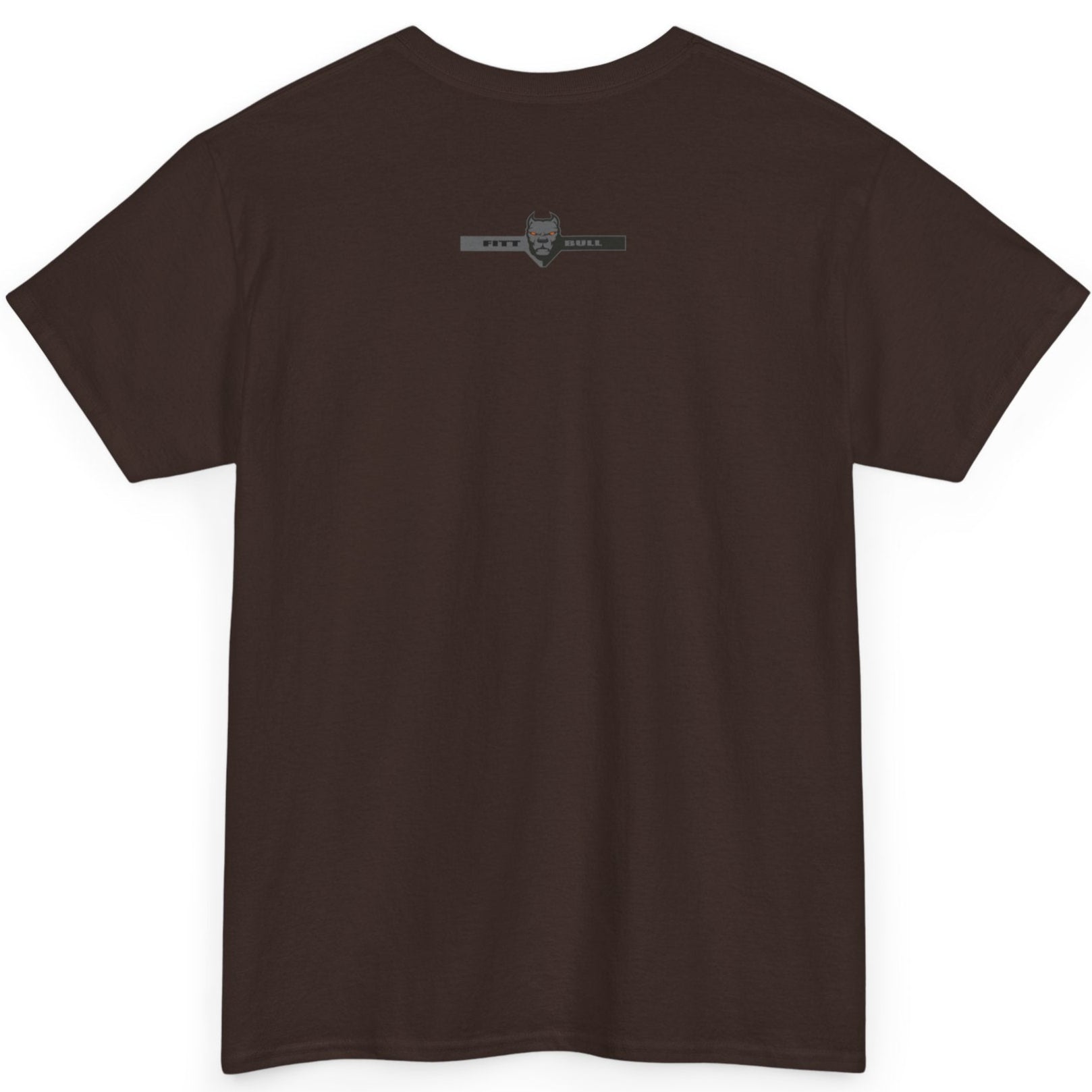 Fitbull fitness t-shirt with a graphic of a dog and urban cityscape - brown back.