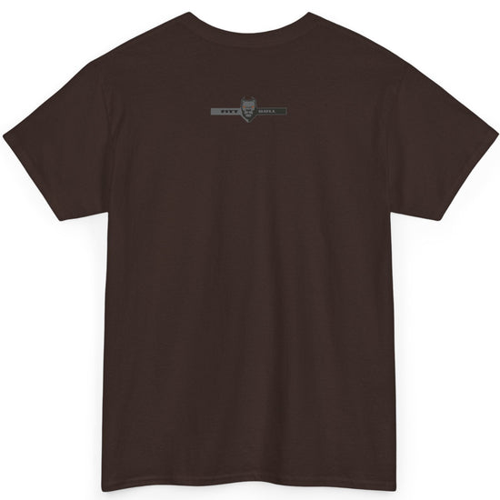 Fitbull fitness t-shirt with a graphic of a dog and urban cityscape - brown back.