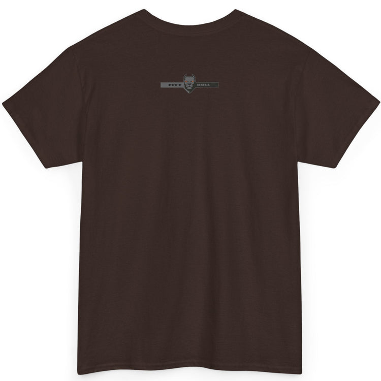 Fitbull fitness t-shirt with a graphic of a dog and urban cityscape - brown back.