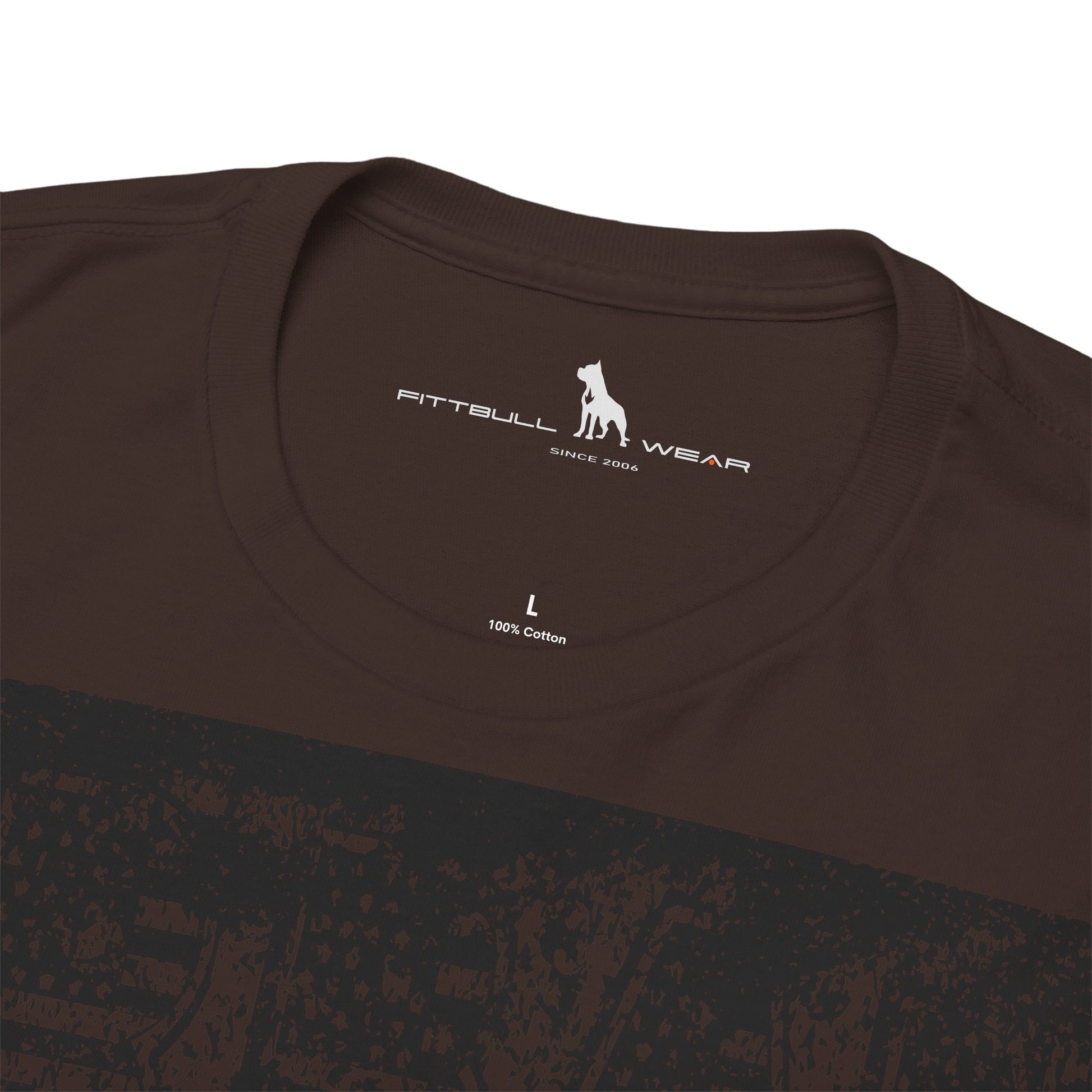 Fitbull fitness t-shirt with a graphic of a dog and urban cityscape  brown logo.