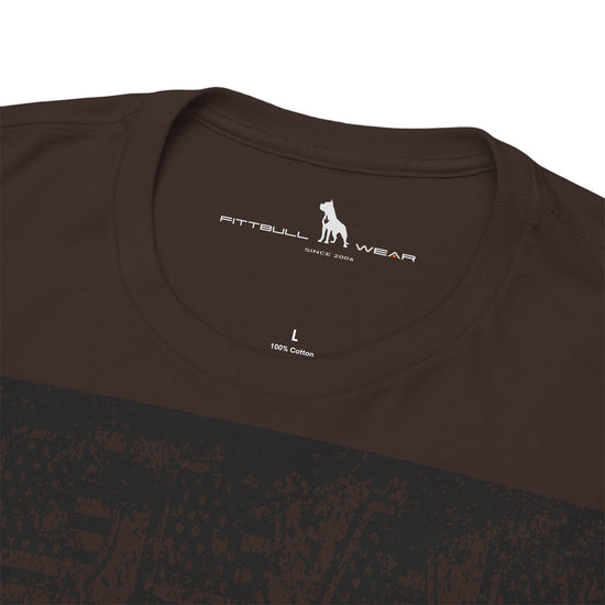 Fitbull fitness t-shirt with a graphic of a dog and urban cityscape  brown logo.