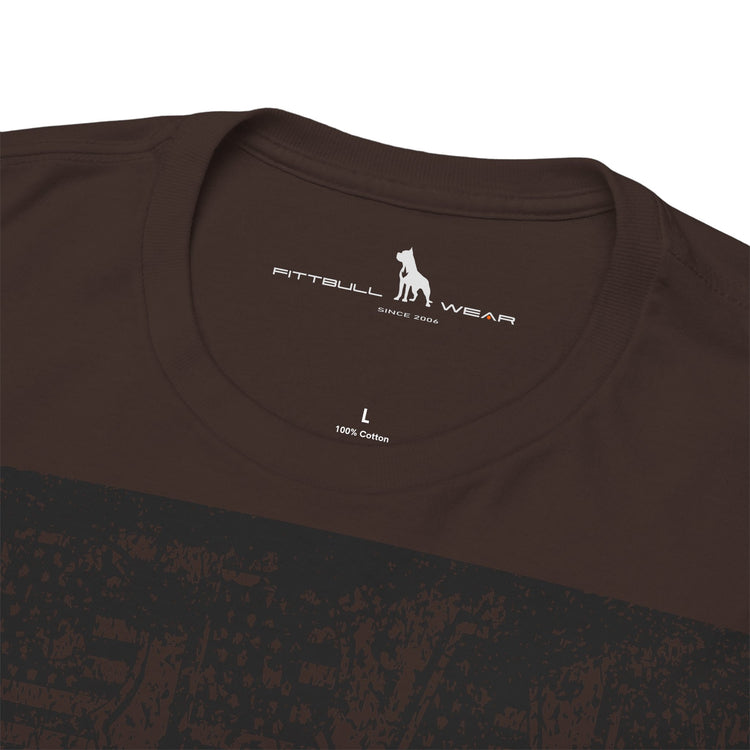Fitbull fitness t-shirt with a graphic of a dog and urban cityscape  brown logo.