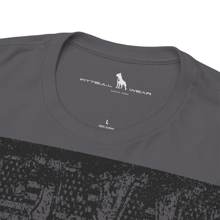 Fitbull fitness t-shirt with a graphic of a dog and urban cityscape charcoal logo.
