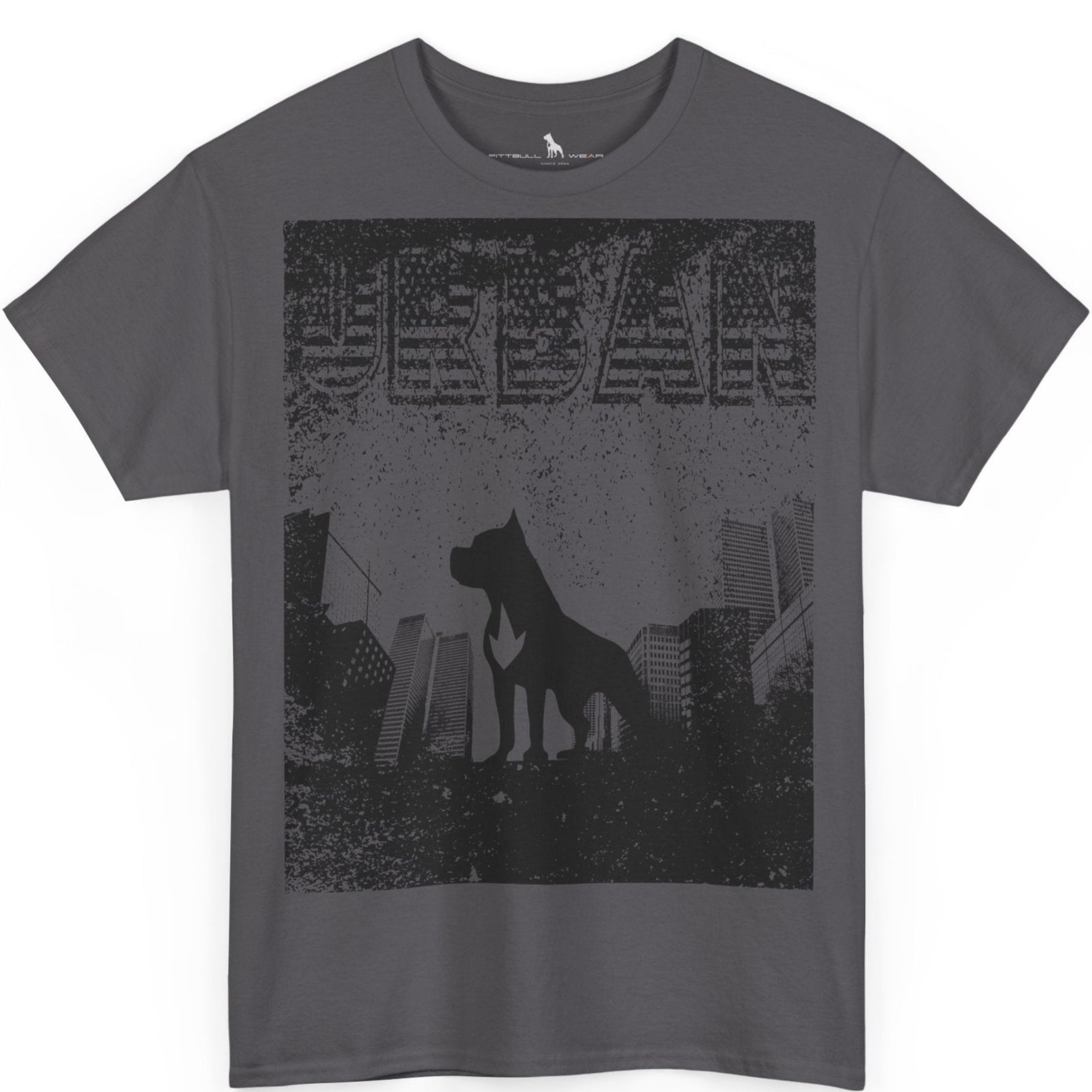 Fitbull fitness t-shirt with a graphic of a dog and urban cityscape  charcoal.