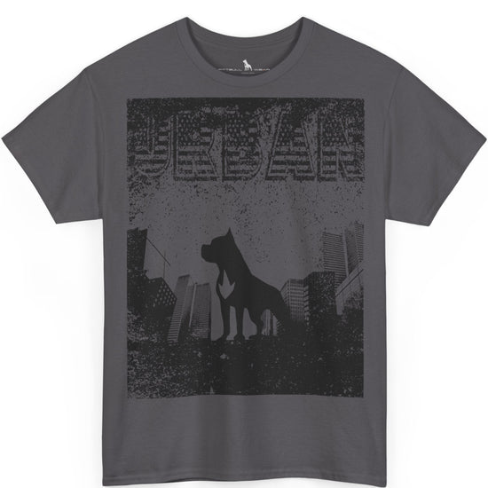 Fitbull fitness t-shirt with a graphic of a dog and urban cityscape  charcoal.