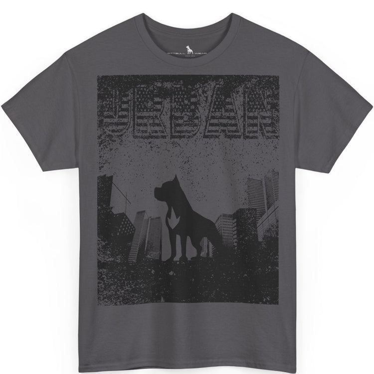 Fitbull fitness t-shirt with a graphic of a dog and urban cityscape  charcoal.