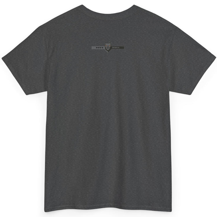 Fitbull fitness t-shirt with a graphic of a dog and urban cityscape dark grey back.