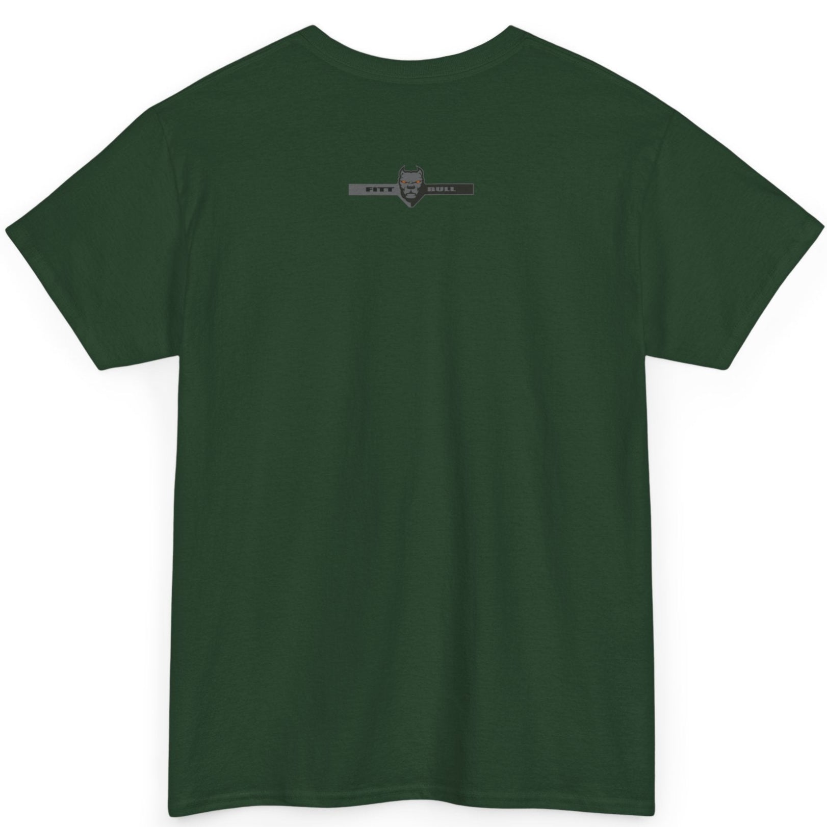 Fitbull fitness t-shirt with a graphic of a dog and urban cityscape dark green back.