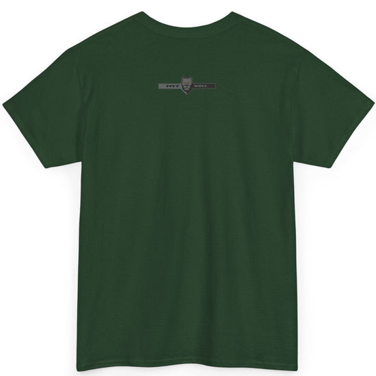 Fitbull fitness t-shirt with a graphic of a dog and urban cityscape dark green back.