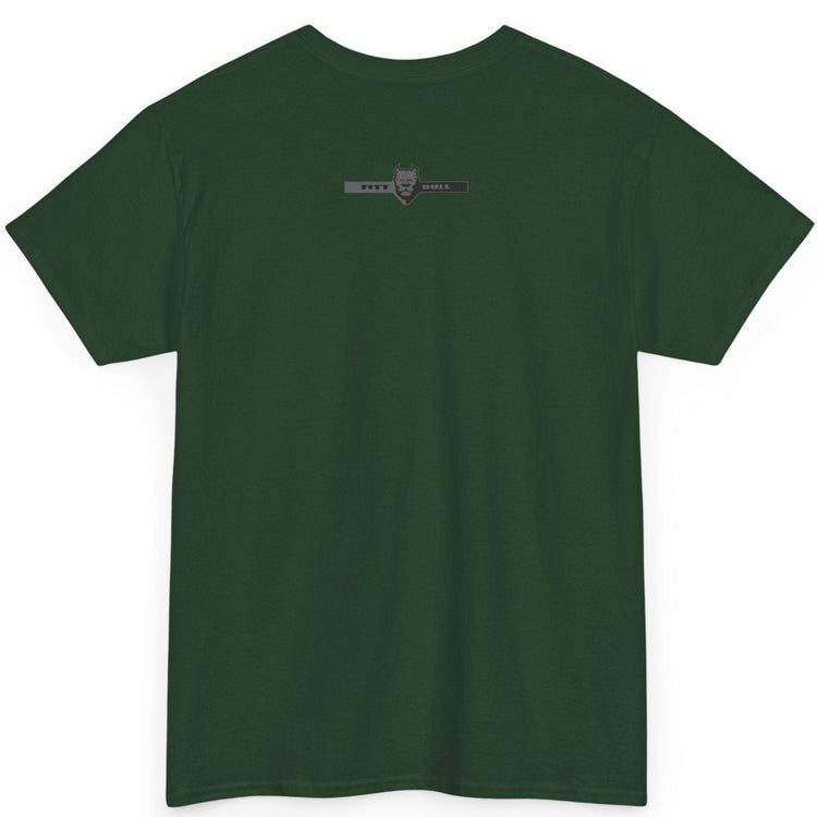 Fitbull fitness t-shirt with a graphic of a dog and urban cityscape dark green back.