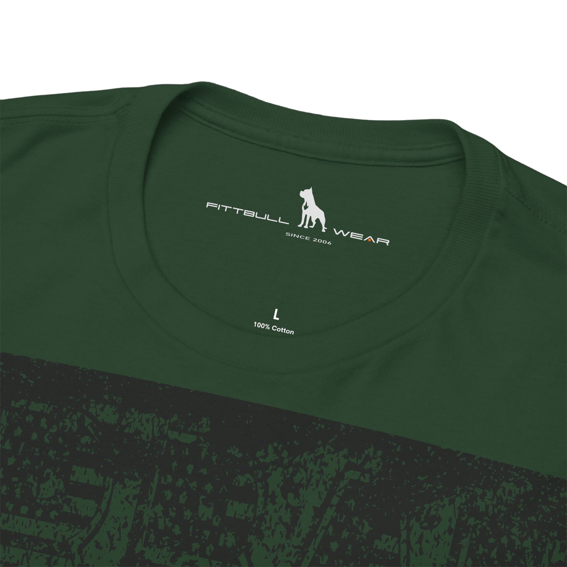 Fitbull fitness t-shirt with a graphic of a dog and urban cityscape  dark green logo.