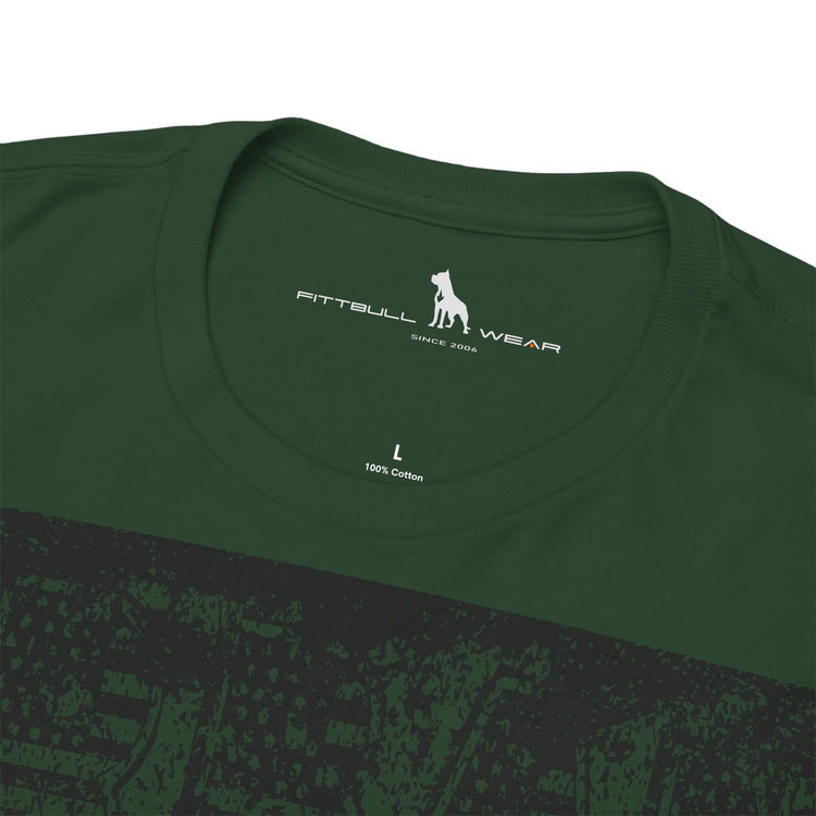 Fitbull fitness t-shirt with a graphic of a dog and urban cityscape  dark green logo.
